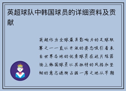 英超球队中韩国球员的详细资料及贡献